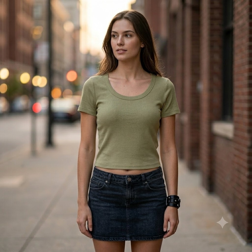 Falls Creek T-Shirt Womens Small Olive Green Ribbed Scoop Neck Short Sleeve Top